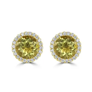 18ct Yellow Gold Round Lemon Quartz & Diamond Halo Cluster Stud Earrings