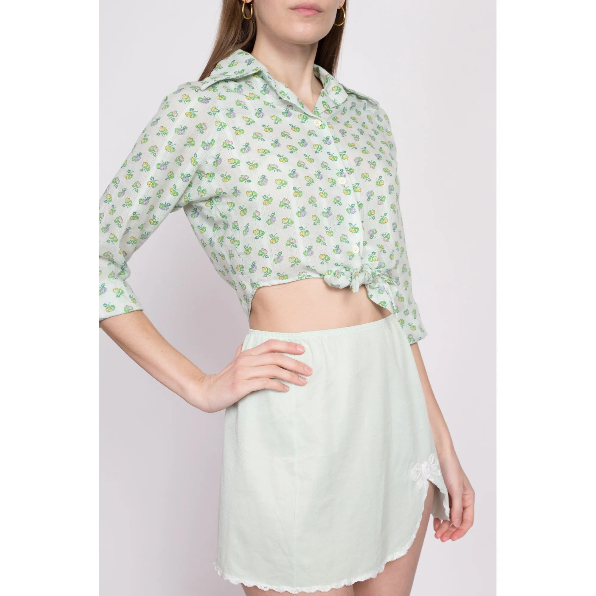 70s Cherry Print Mint Green Crop Top - Small