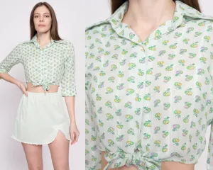 70s Cherry Print Mint Green Crop Top - Small