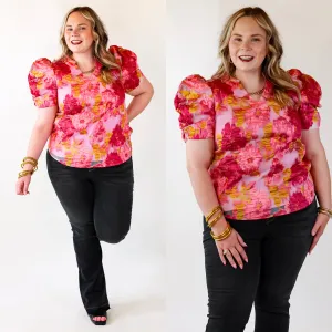 A Fine Feeling Floral Print Top with Puffed Sleeves in Pink