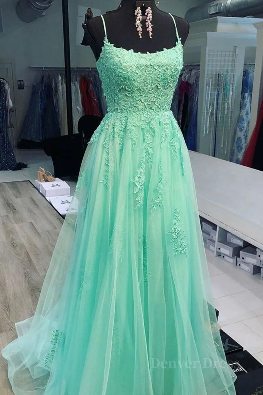 A Line Mint Green Lace Long Prom Dresses Mint Green Lace Formal Graduation Evening Dresses