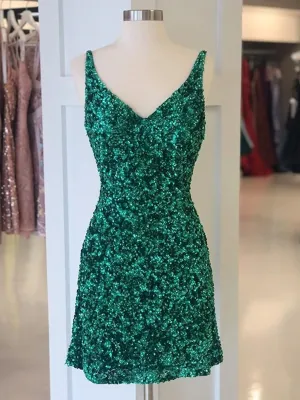 A Line V Neck Short Green Prom Dresses