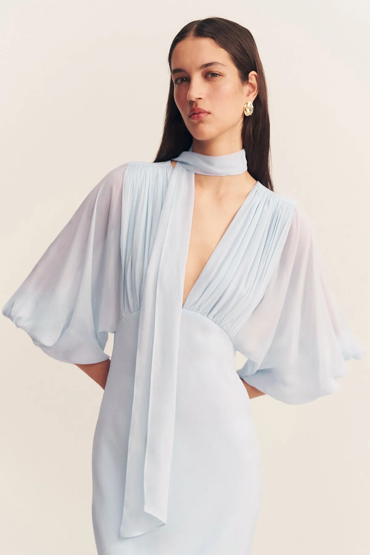 AMINA PLUNGE BALLOON SLEEVE MAXI DRESS - SKY