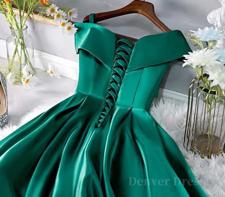 Cute Off Shoulder Green Satin Short Prom Dresses Off the Shoulder Green Homecoming Dresses Green Formal Evening Dresses