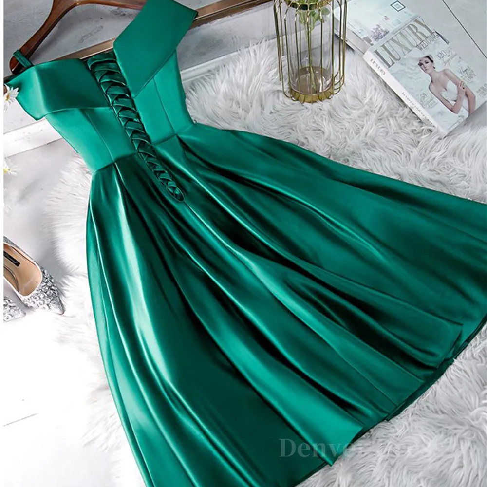 Cute Off Shoulder Green Satin Short Prom Dresses Off the Shoulder Green Homecoming Dresses Green Formal Evening Dresses