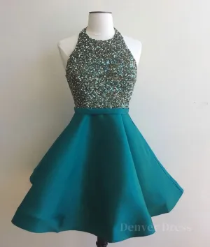 Cute Round Neck Sequin Backless Green Short Prom Dresses Green Homecoming Dresses