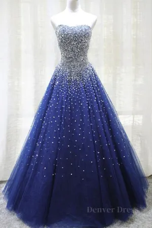 Gorgeous Strapless Blue Tulle Beaded Long Prom Dresses Beaded Blue Formal Evening Dresses Beaded Ball Gown