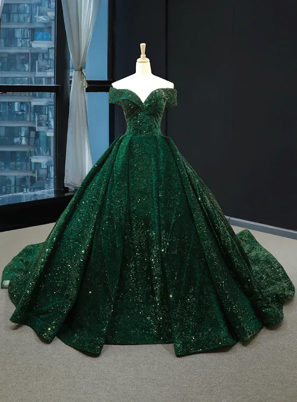 Green Ball Gown Sequins Off the Shoulder Quinceanera Dresses