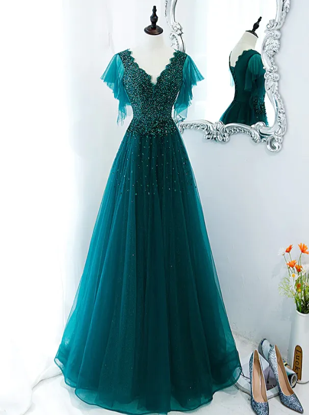 Green Prom Dresses, V Neck Tulle Sequin Beads Long Prom Dress Hand Made Evening Dress