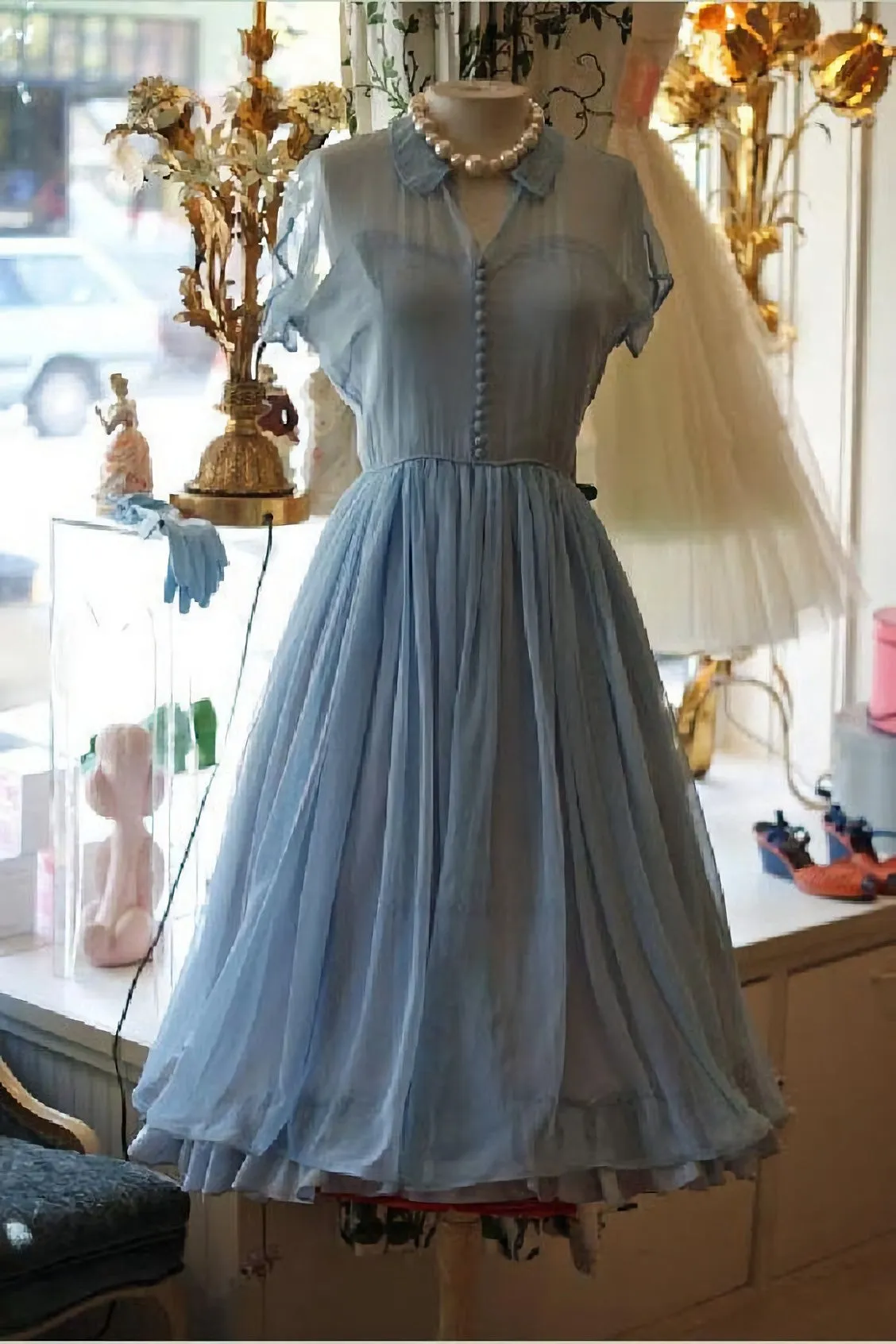 Light Dresses Chiffon Elegant A Line Doll Collar Short Sleeves Homecoming Blue Chiffon Vintage Style Dress