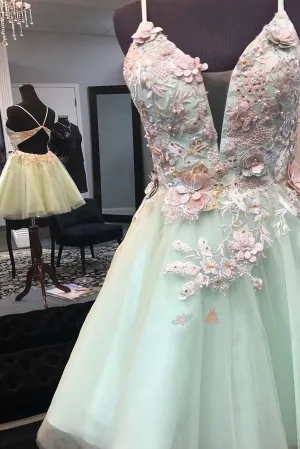 Mint Green Short Homecoming Dress With Flowers Mini Tulle Graduation Dress With Pearls