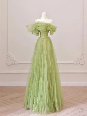 Off the Shoulder Green Tulle Long Prom Dresses, Green Tulle Long Formal Evening Dresses