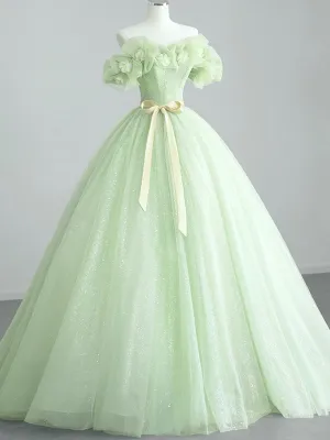 Off the Shoulder Light Green Floral Prom Dresses, Green Floral Formal Graduation Dress