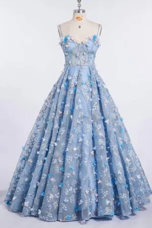 Princess Spaghetti Strap 3D Flower Applique Sky Blue Prom Dresses