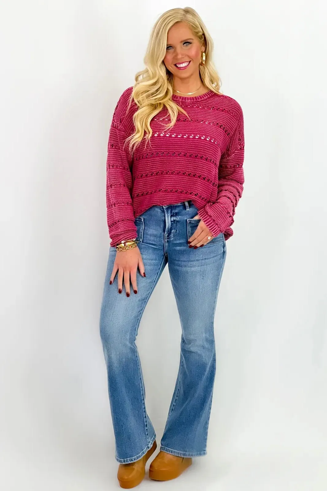 Raspberry Knitted Textured Long Sleeve Top