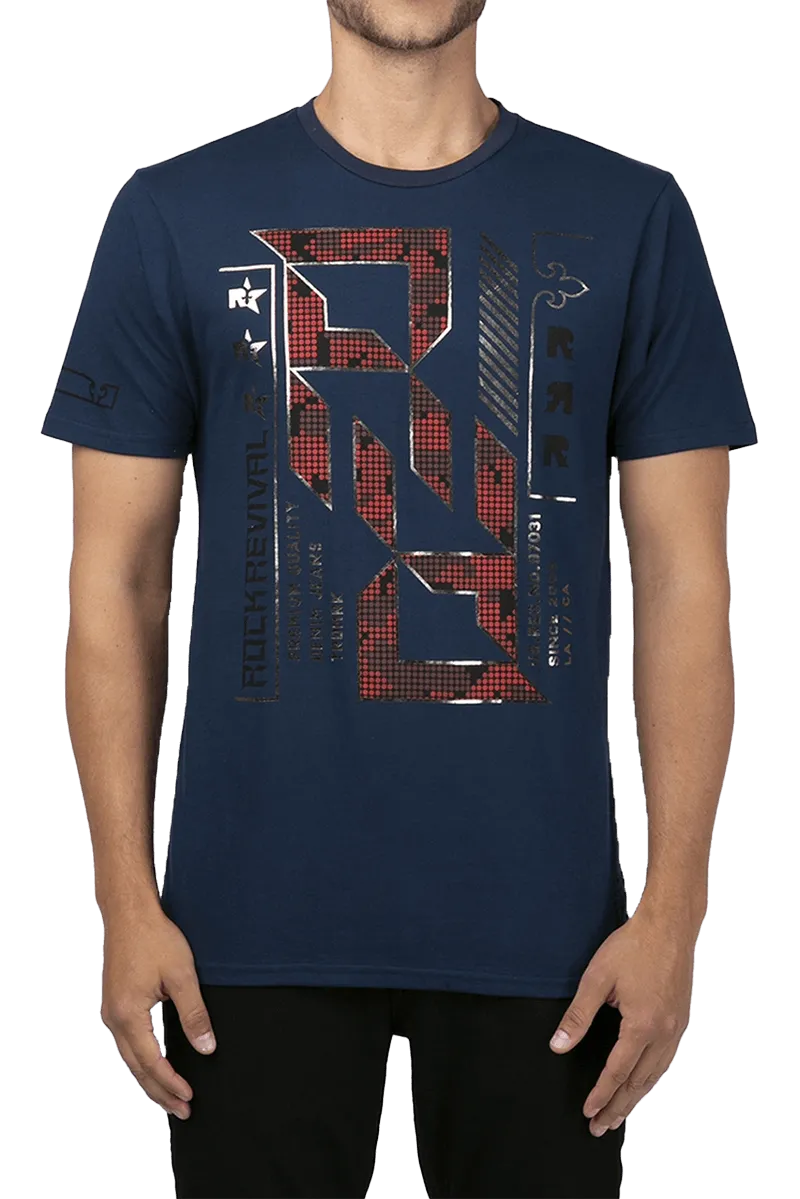 Rock Revival 'R R' Logo Through Out Navy Crew Neck T-Shirt