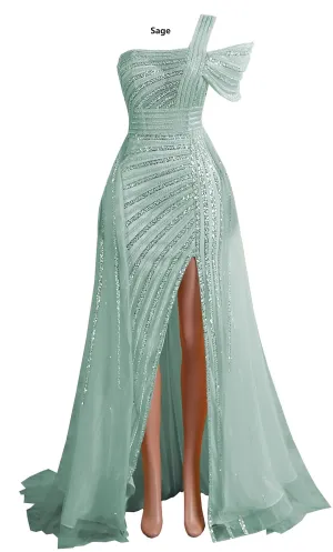 Sage Green Off Shoulder Mermaid Prom Dresses Luxurious Silver Bead Trumpet Formal Dresses