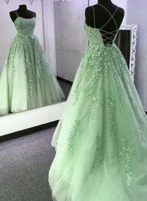 Sage Green Straps Tulle With Lace Train Long Prom Dress Sage Green Party Dress