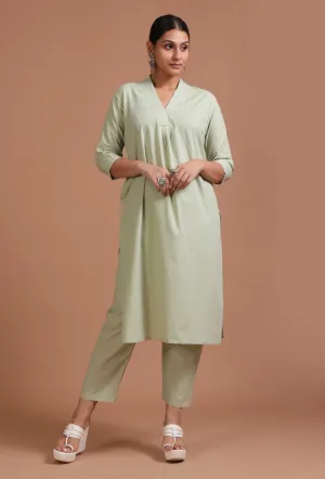 Set Of 2: Mint Green Cotton Plain Kurta & Pant Set