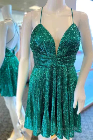 Short V Neck Green Sequins Prom Dresses V Neck Green Sequins Formal Homecoming Dresses