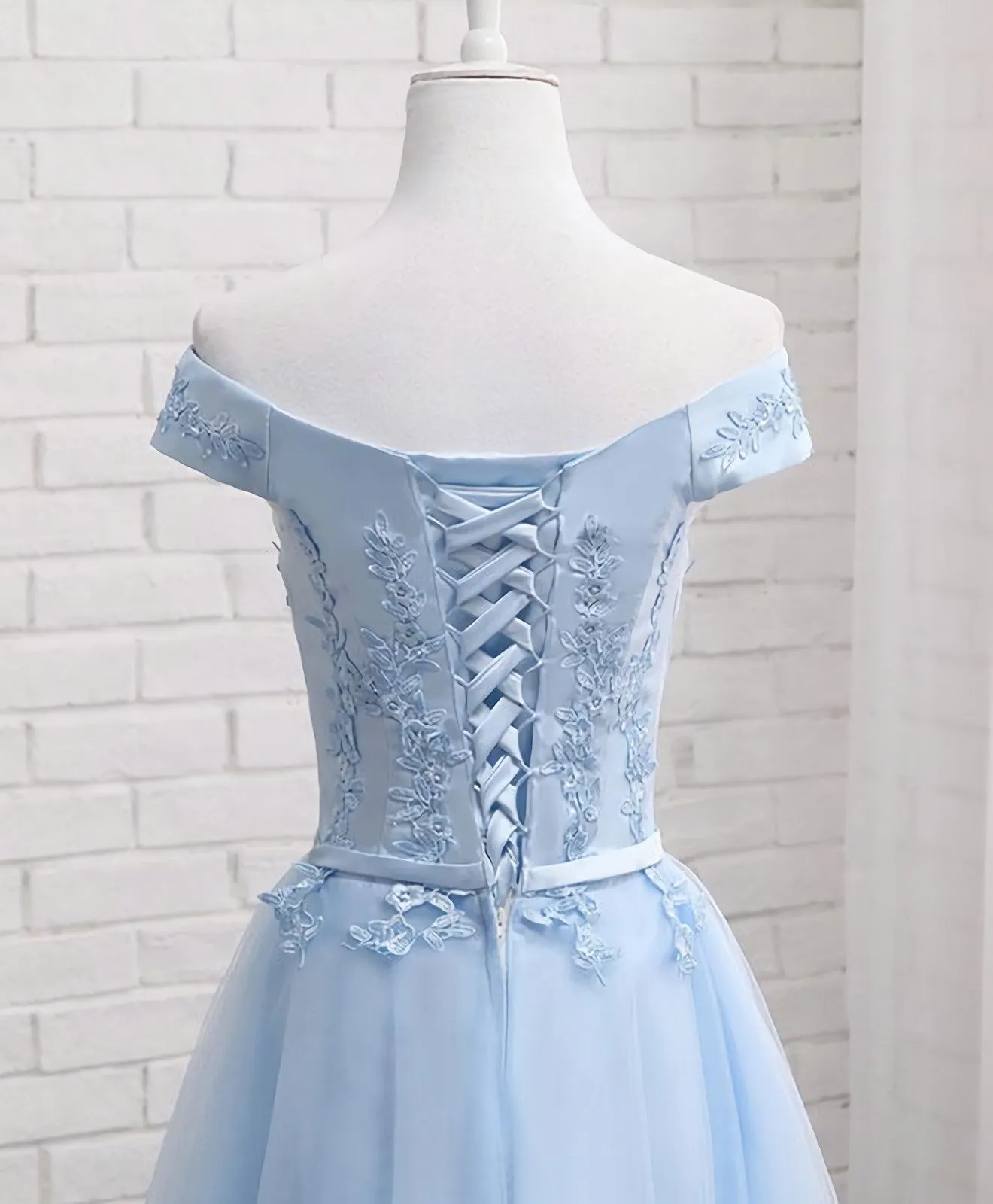 Sky Blue A Line Lace Off Shoulder Prom Dress, Lace Evening Dresses