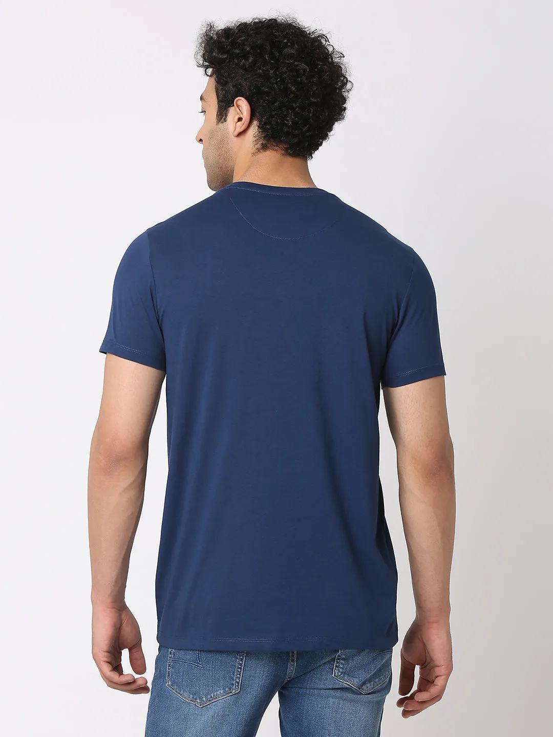 Spykar Men Indigo Blue Cotton Slim Fit Henley Neck Plain T-Shirt