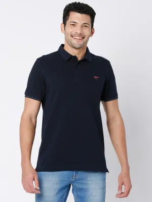 Spykar Men Navy Blue Cotton Half Sleeve Plain Casual Polo Tshirt