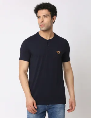 Spykar Men Navy Blue Cotton Slim Fit Henley Neck Plain T-Shirt