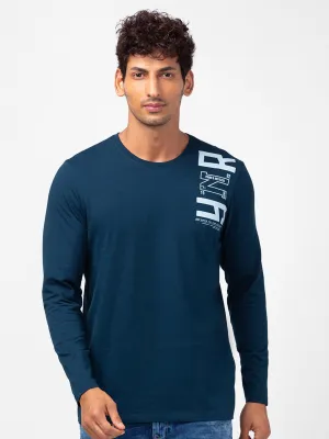 Spykar Men Teal Blue Cotton Slim Fit Round Neck Printed T-Shirt