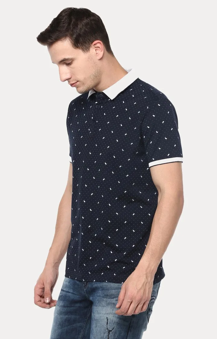 Spykar Navy Blue Printed Slim Fit Polo T-Shirt