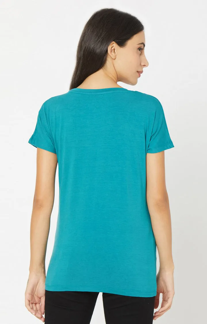 Spykar Women Deep Teal Blue Cotton T-Shirts (Regular )