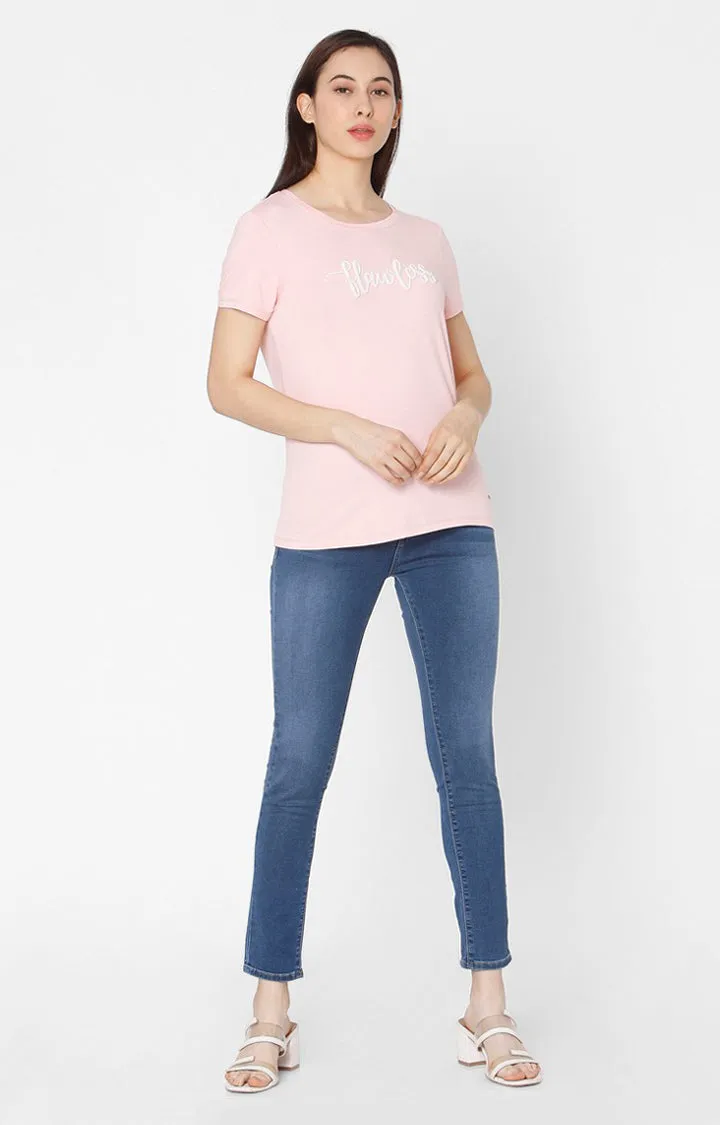 Spykar Women Pink Cotton Slim Fit Round Neck T-Shirt