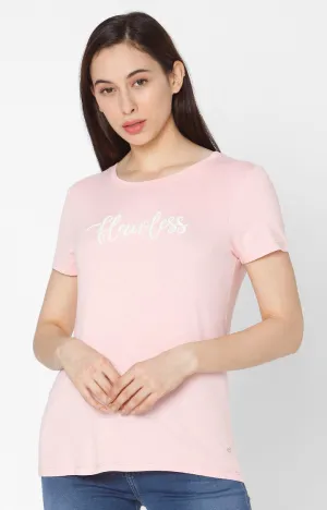 Spykar Women Pink Cotton Slim Fit Round Neck T-Shirt